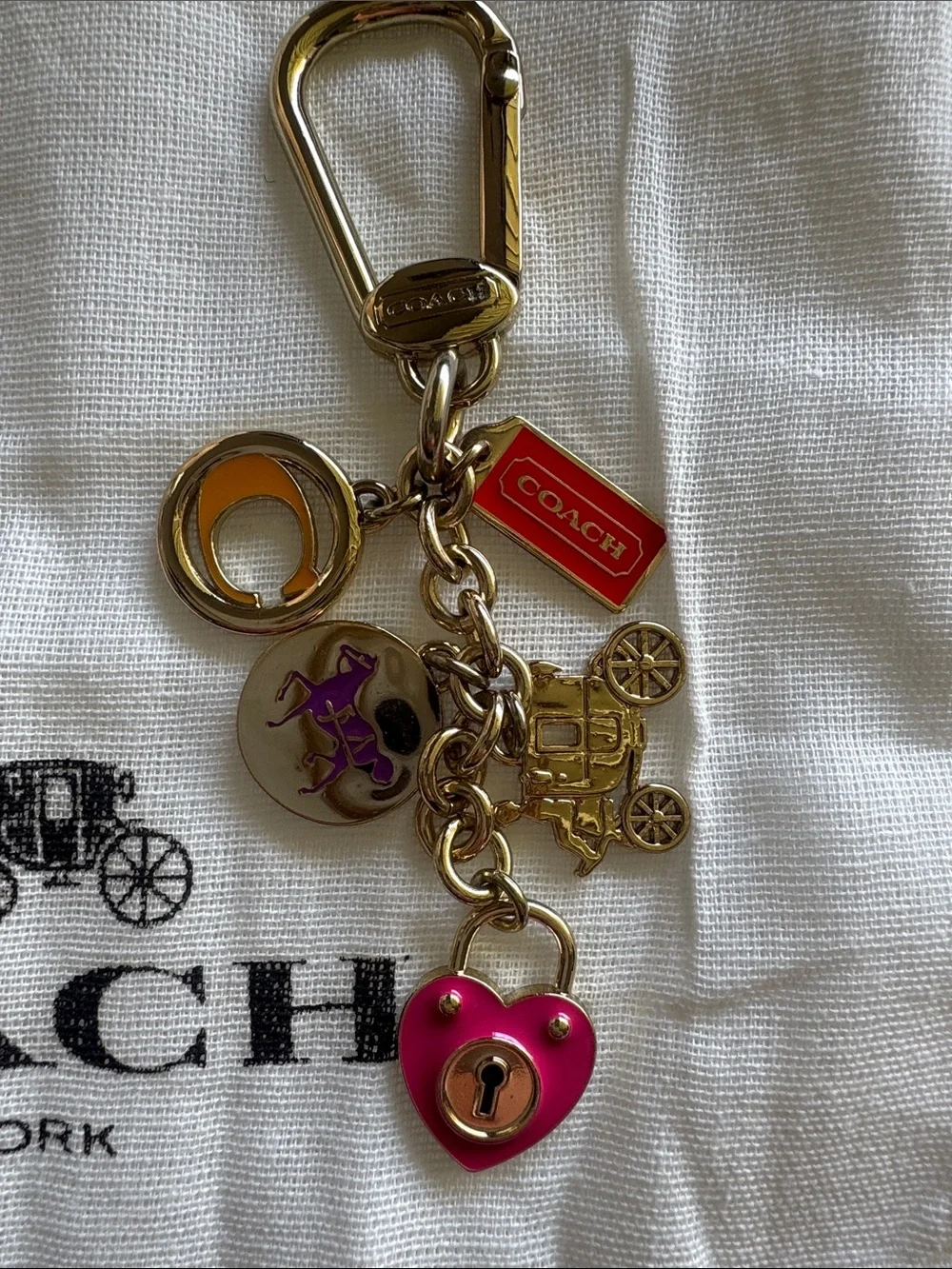 Coach Gold-Tone Multi Charm Keychain with Pink Heart and Red Tag